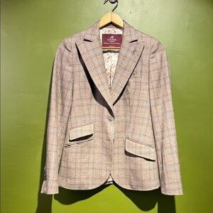 Sacoor Brothers Beige and Brown Plaid Blazer with Elbow Pads